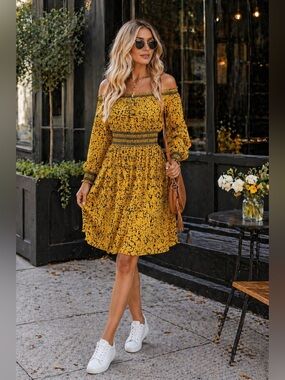 MICHAEL Michael Kors Mustard Floral Off-Shoulder Long Sleeve Dress